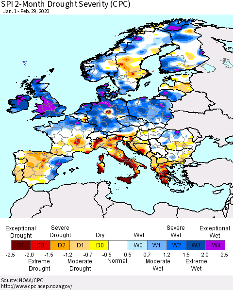 Europe SPI 2-Month Drought Severity (CPC) Thematic Map For 1/1/2020 - 2/29/2020