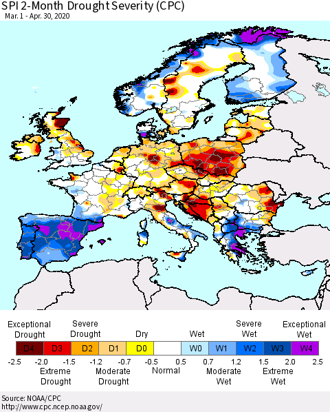 Europe SPI 2-Month Drought Severity (CPC) Thematic Map For 3/1/2020 - 4/30/2020