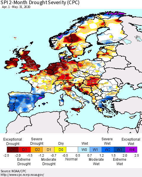 Europe SPI 2-Month Drought Severity (CPC) Thematic Map For 4/1/2020 - 5/31/2020