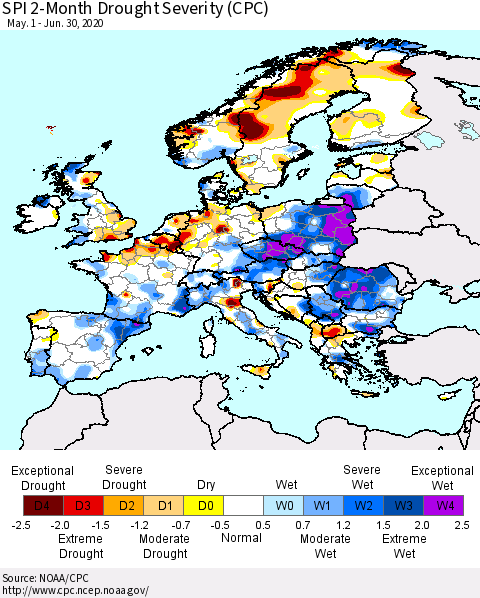 Europe SPI 2-Month Drought Severity (CPC) Thematic Map For 5/1/2020 - 6/30/2020