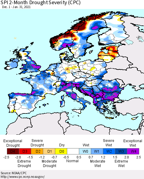 Europe SPI 2-Month Drought Severity (CPC) Thematic Map For 12/1/2020 - 1/31/2021