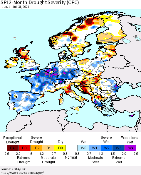 Europe SPI 2-Month Drought Severity (CPC) Thematic Map For 6/1/2021 - 7/31/2021