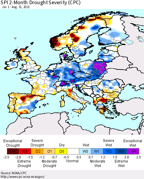 Europe SPI 2-Month Drought Severity (CPC) Thematic Map For 7/1/2021 - 8/31/2021