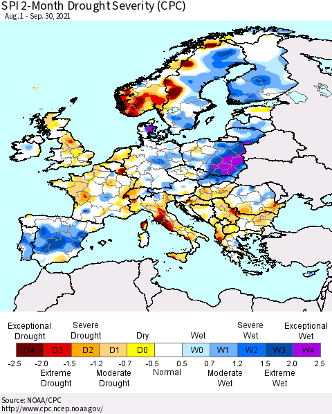 Europe SPI 2-Month Drought Severity (CPC) Thematic Map For 8/1/2021 - 9/30/2021