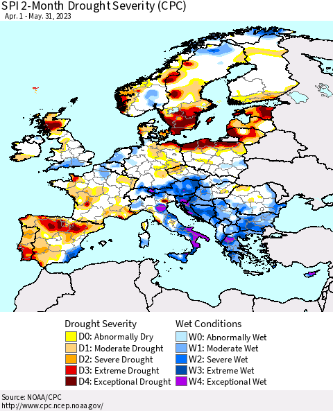 Europe SPI 2-Month Drought Severity (CPC) Thematic Map For 4/1/2023 - 5/31/2023
