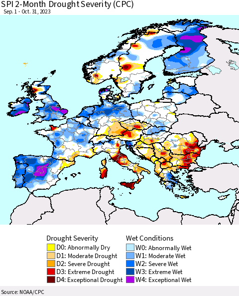 Europe SPI 2-Month Drought Severity (CPC) Thematic Map For 9/1/2023 - 10/31/2023