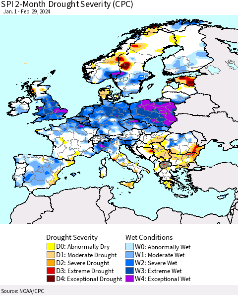 Europe SPI 2-Month Drought Severity (CPC) Thematic Map For 1/1/2024 - 2/29/2024