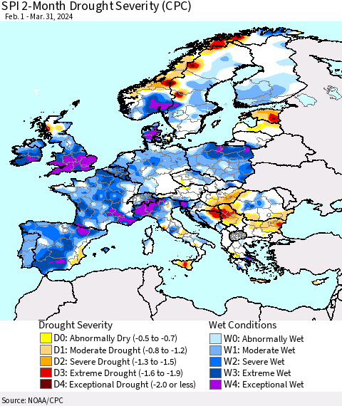 Europe SPI 2-Month Drought Severity (CPC) Thematic Map For 2/1/2024 - 3/31/2024