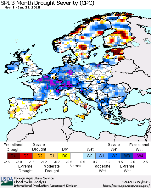 Europe SPI 3-Month Drought Severity (CPC) Thematic Map For 11/1/2017 - 1/31/2018