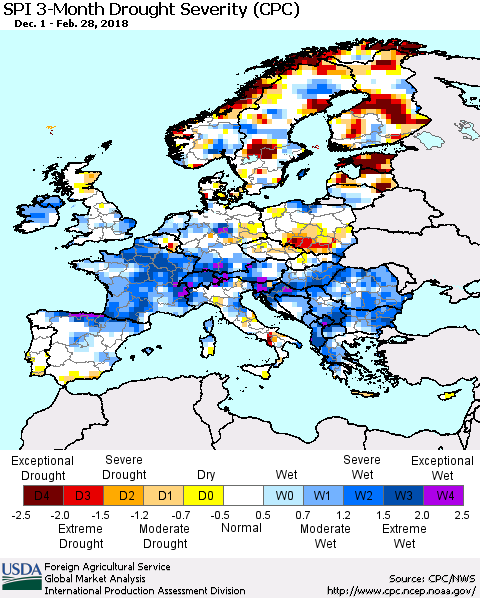 Europe SPI 3-Month Drought Severity (CPC) Thematic Map For 12/1/2017 - 2/28/2018