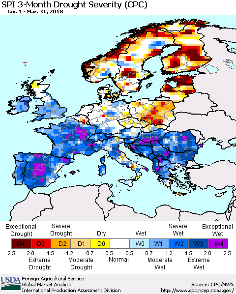 Europe SPI 3-Month Drought Severity (CPC) Thematic Map For 1/1/2018 - 3/31/2018
