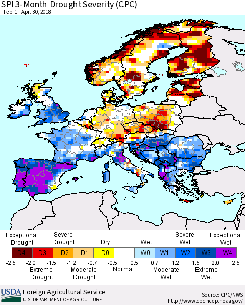 Europe SPI 3-Month Drought Severity (CPC) Thematic Map For 2/1/2018 - 4/30/2018