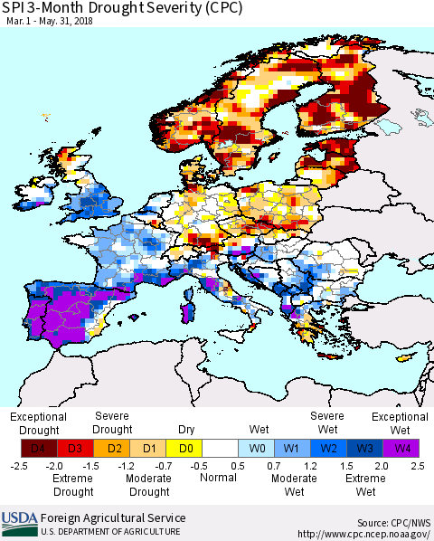 Europe SPI 3-Month Drought Severity (CPC) Thematic Map For 3/1/2018 - 5/31/2018