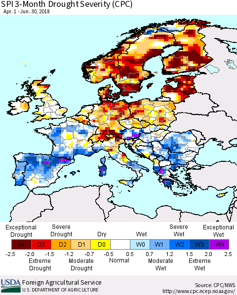 Europe SPI 3-Month Drought Severity (CPC) Thematic Map For 4/1/2018 - 6/30/2018