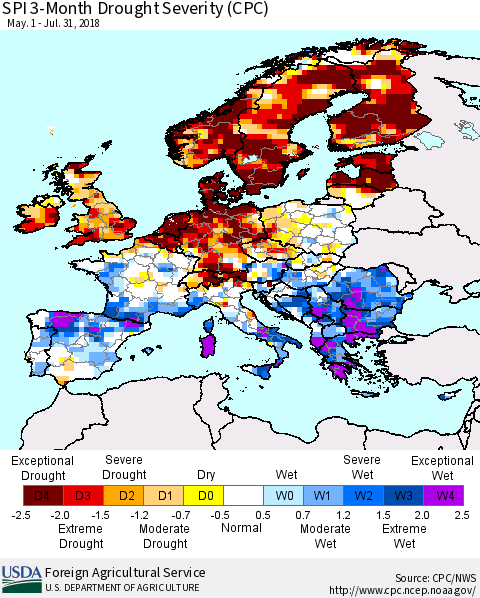 Europe SPI 3-Month Drought Severity (CPC) Thematic Map For 5/1/2018 - 7/31/2018