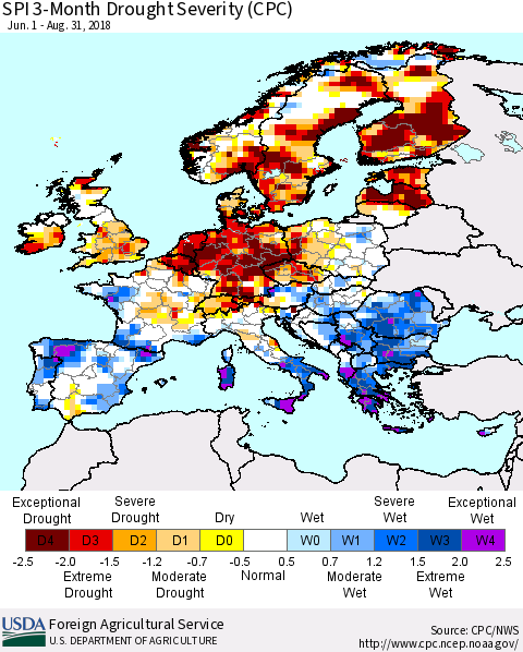 Europe SPI 3-Month Drought Severity (CPC) Thematic Map For 6/1/2018 - 8/31/2018