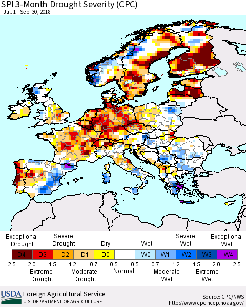 Europe SPI 3-Month Drought Severity (CPC) Thematic Map For 7/1/2018 - 9/30/2018