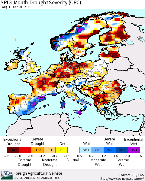 Europe SPI 3-Month Drought Severity (CPC) Thematic Map For 8/1/2018 - 10/31/2018