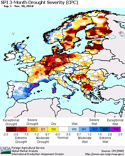 Europe SPI 3-Month Drought Severity (CPC) Thematic Map For 9/1/2018 - 11/30/2018