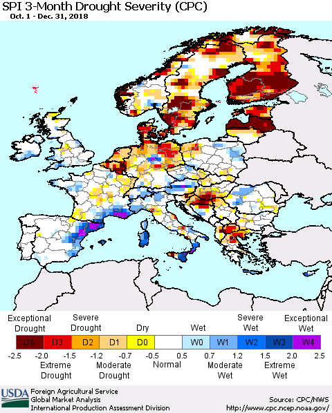 Europe SPI 3-Month Drought Severity (CPC) Thematic Map For 10/1/2018 - 12/31/2018