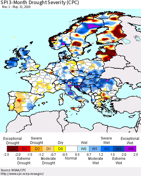 Europe SPI 3-Month Drought Severity (CPC) Thematic Map For 3/1/2019 - 5/31/2019