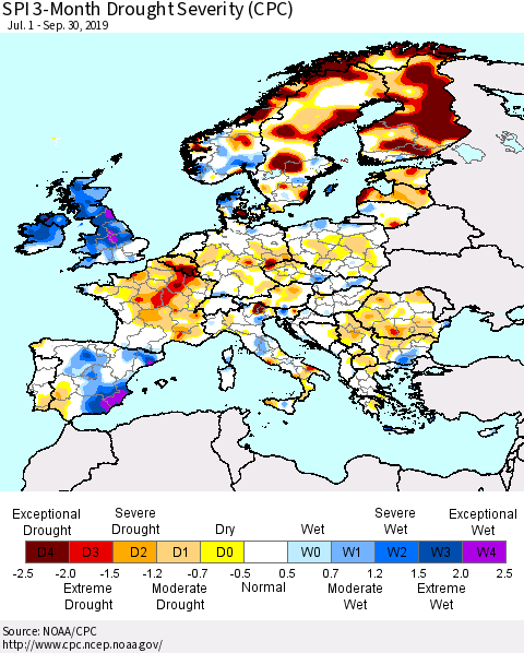 Europe SPI 3-Month Drought Severity (CPC) Thematic Map For 7/1/2019 - 9/30/2019