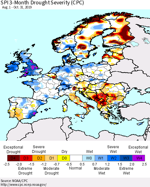 Europe SPI 3-Month Drought Severity (CPC) Thematic Map For 8/1/2019 - 10/31/2019