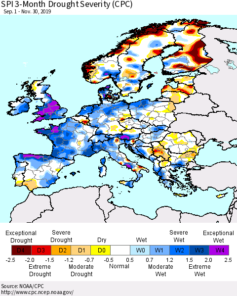 Europe SPI 3-Month Drought Severity (CPC) Thematic Map For 9/1/2019 - 11/30/2019