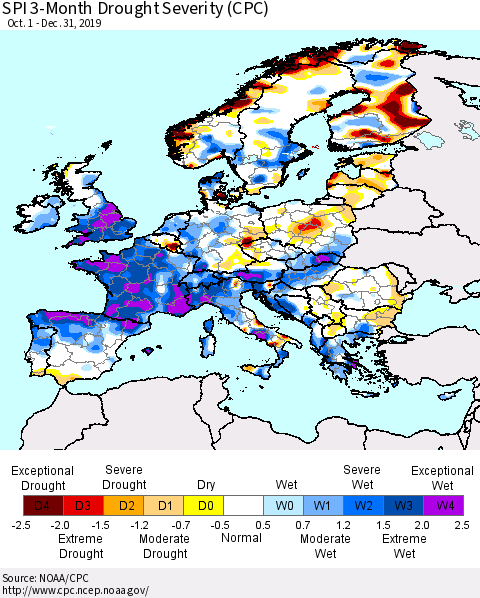 Europe SPI 3-Month Drought Severity (CPC) Thematic Map For 10/1/2019 - 12/31/2019