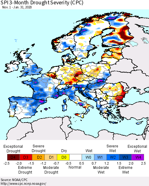 Europe SPI 3-Month Drought Severity (CPC) Thematic Map For 11/1/2019 - 1/31/2020