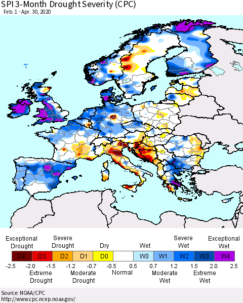 Europe SPI 3-Month Drought Severity (CPC) Thematic Map For 2/1/2020 - 4/30/2020