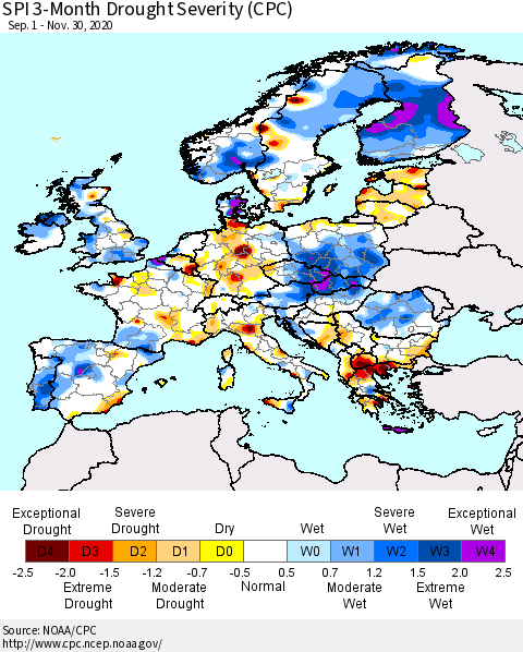 Europe SPI 3-Month Drought Severity (CPC) Thematic Map For 9/1/2020 - 11/30/2020