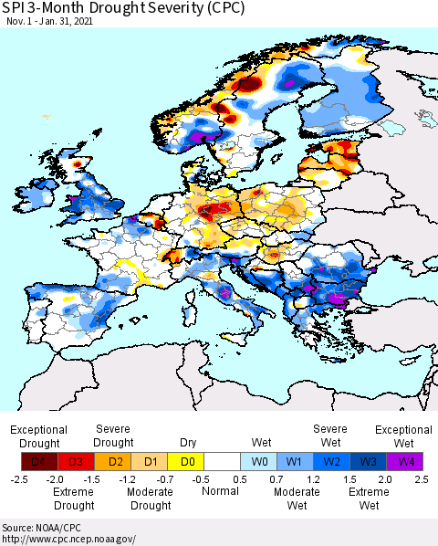 Europe SPI 3-Month Drought Severity (CPC) Thematic Map For 11/1/2020 - 1/31/2021