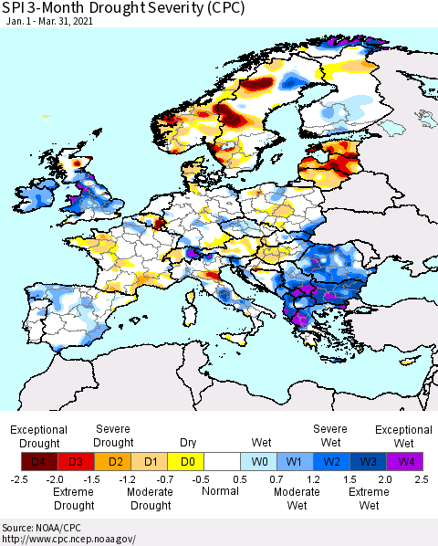 Europe SPI 3-Month Drought Severity (CPC) Thematic Map For 1/1/2021 - 3/31/2021