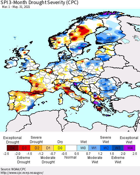 Europe SPI 3-Month Drought Severity (CPC) Thematic Map For 3/1/2021 - 5/31/2021