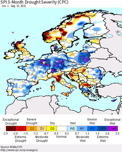 Europe SPI 3-Month Drought Severity (CPC) Thematic Map For 6/1/2021 - 8/31/2021