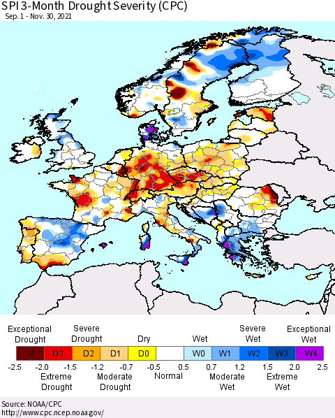 Europe SPI 3-Month Drought Severity (CPC) Thematic Map For 9/1/2021 - 11/30/2021