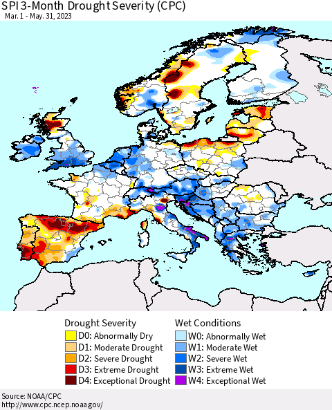 Europe SPI 3-Month Drought Severity (CPC) Thematic Map For 3/1/2023 - 5/31/2023