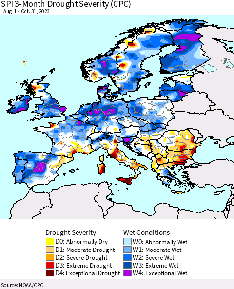 Europe SPI 3-Month Drought Severity (CPC) Thematic Map For 8/1/2023 - 10/31/2023