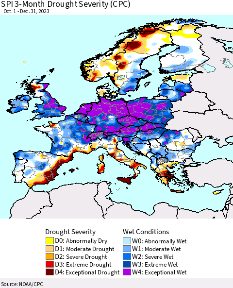 Europe SPI 3-Month Drought Severity (CPC) Thematic Map For 10/1/2023 - 12/31/2023