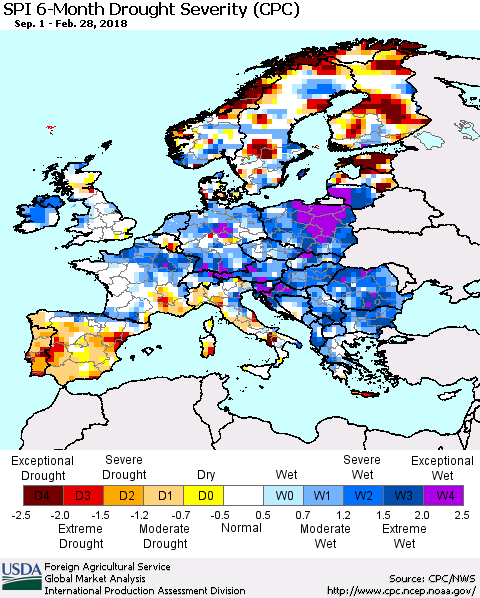 Europe SPI 6-Month Drought Severity (CPC) Thematic Map For 9/1/2017 - 2/28/2018