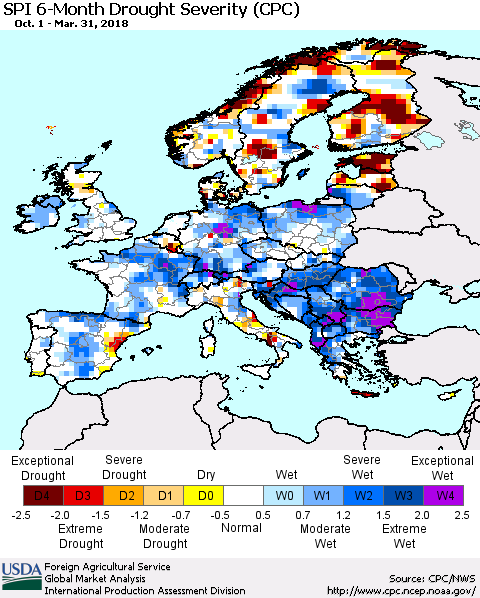 Europe SPI 6-Month Drought Severity (CPC) Thematic Map For 10/1/2017 - 3/31/2018