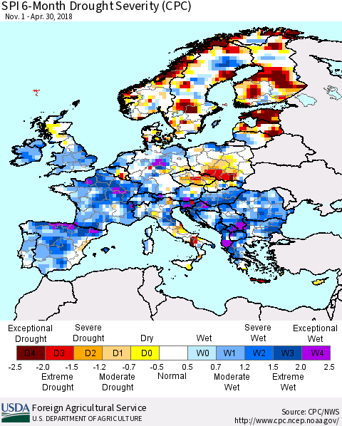 Europe SPI 6-Month Drought Severity (CPC) Thematic Map For 11/1/2017 - 4/30/2018