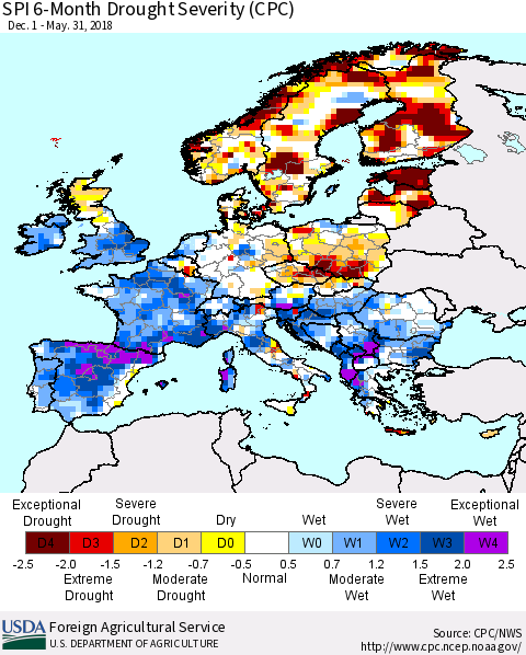 Europe SPI 6-Month Drought Severity (CPC) Thematic Map For 12/1/2017 - 5/31/2018