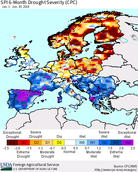 Europe SPI 6-Month Drought Severity (CPC) Thematic Map For 1/1/2018 - 6/30/2018