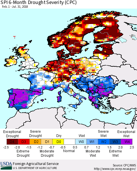Europe SPI 6-Month Drought Severity (CPC) Thematic Map For 2/1/2018 - 7/31/2018