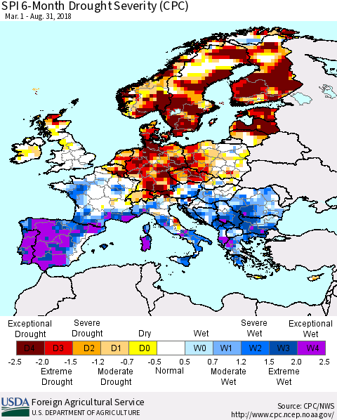 Europe SPI 6-Month Drought Severity (CPC) Thematic Map For 3/1/2018 - 8/31/2018
