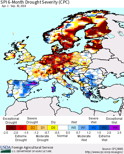 Europe SPI 6-Month Drought Severity (CPC) Thematic Map For 4/1/2018 - 9/30/2018