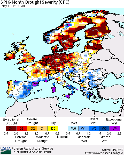 Europe SPI 6-Month Drought Severity (CPC) Thematic Map For 5/1/2018 - 10/31/2018