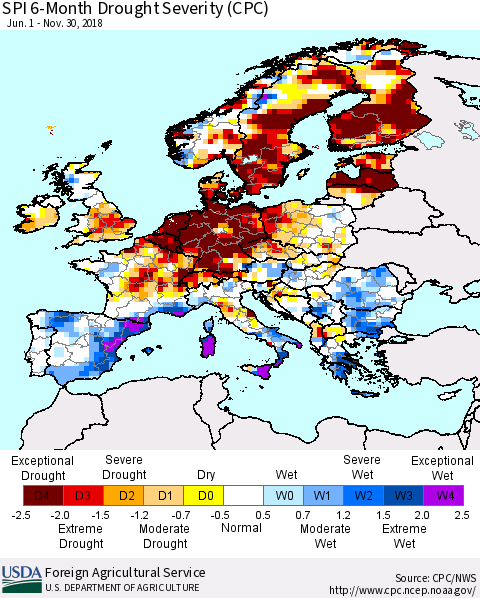 Europe SPI 6-Month Drought Severity (CPC) Thematic Map For 6/1/2018 - 11/30/2018